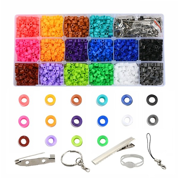PandaHall 3000pcs 16 Color Fuse Beads DIY Jewelry Making, 5pcs Iron Brooch Pin Backs, Mobile Straps, Iron Keychain Findings, Iron Pad Ring...