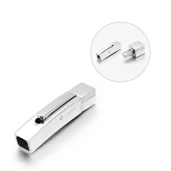 

PandaHall Cuboid 304 Stainless Steel Bayonet Bracelet Clasps, Stainless Steel Color, 27.5x5x5.5mm, Hole: 4x4mm 304 Stainless Steel