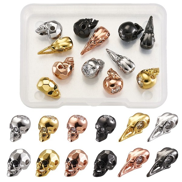 PandaHall Halloween Brass Micro Pave Cubic Zirconia Beads, Skull Head, Clear, Mixed Color, 68x52x11mm, 12pcs/box Brass+Cubic Zirconia Skull...