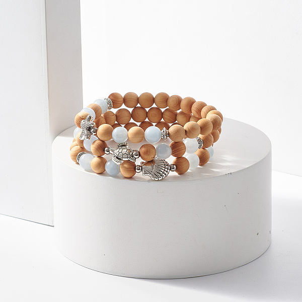 

PandaHall 3Pcs 3 Style Natural Chalcedony & Wood Beaded Stretch Bracelets Set with Starfish & Tortoise & Shell Alloy Charm, Yoga Jewelry for...
