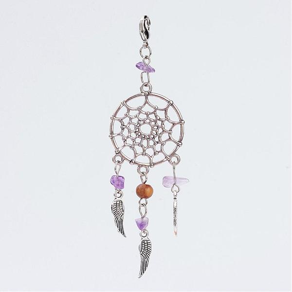 

PandaHall Alloy Pendants, Woven Net/Web with Feather, with Amethyst Beads and Brass Lobster Claw Clasps, Antique Silver and Platinum, 85.5mm...
