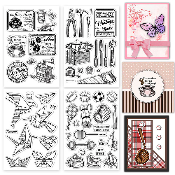 

PandaHall CRASPIRE 4PCS Silicone Clear Stamps Vintage Coffee Theme Sports Tools Pattern Clear Stamps for Card Making Decoration DIY...