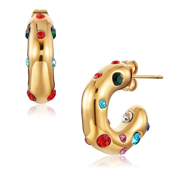 

PandaHall Cubic Zirconia C-shape Stud Earrings, Gold Plated 430 Stainless Steel Half Hoop Earrings for Women, Colorful, 19x19x6mm Cubic...
