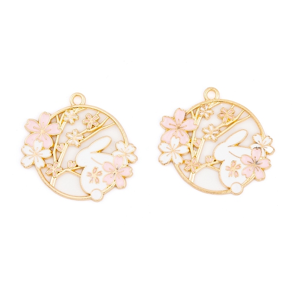 

PandaHall Rack Plating Alloy Enamel Pendants, Golden, Flat Round with Rabbit & Flower Charm, Misty Rose, 28.5x30x1.5mm, Hole: 2mm...