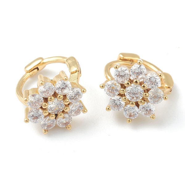 

PandaHall Brass Micro Pave Clear Cubic Zirconia Huggie Hoop Earrings, Flower, Golden, 13.5mm, Pin: 1x0.5mm Brass Flower Clear