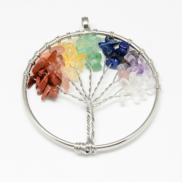 

PandaHall Mixed Stone Big Pendants, with Brass Wires, Flat Round with Tree, 57x50x7mm, Hole: 5.5mm Mixed Stone Flat Round
