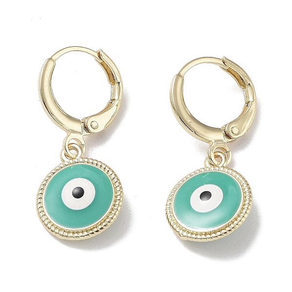 

PandaHall Real 18K Gold Plated Brass Dangle Leverback Earrings, with Enamel, Evil Eye, Turquoise, 26.5x11mm Brass Evil Eye Green