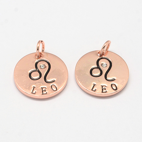 

PandaHall Alloy Pendants, with Rhinestone, Flat Round, with Constellation/Zodiac Sign, Rose Gold, Leo, 22x2.5mm, Hole: 5.5mm..., Clear