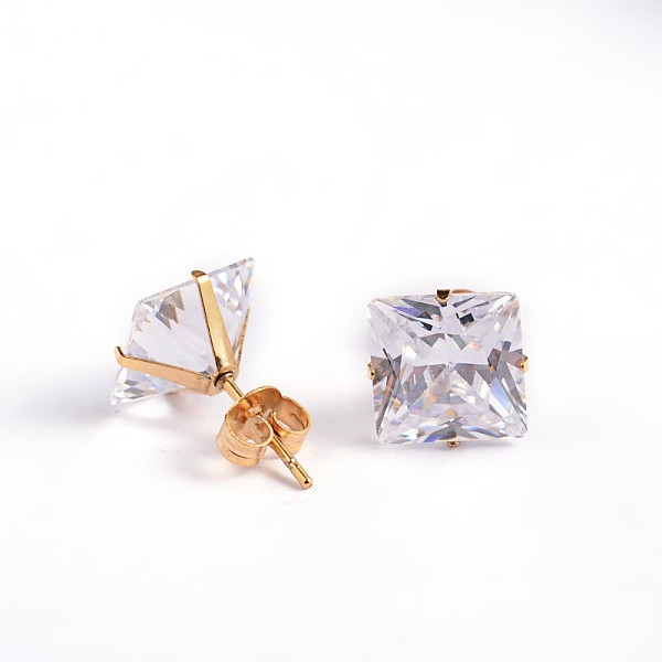 

PandaHall Square Cubic Zirconia Stud Earrings, with Golden Plated 304 Stainless Steel Pins, Clear, 4.5x4mm, Pin: 0.9mm Cubic Zirconia Clear