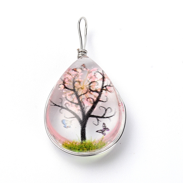 

PandaHall Transparent Glass Pendants, with Dride Flower inside and Zinc Alloy Finding, Teardrop, Platinum, Pink, 35.5x18x9mm, Hole...