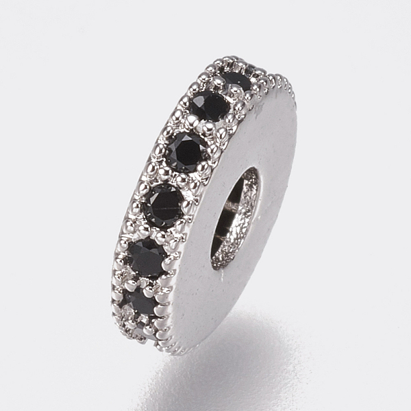 

PandaHall Brass Micro Pave Cubic Zirconia Bead Spacers, Flat Round, Black, Platinum, 8x2mm, Hole: 3mm Brass+Cubic Zirconia Flat Round Black