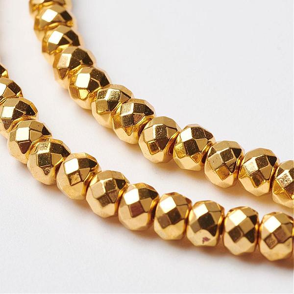 PandaHall Non-magnetic Synthetic Hematite Beads Strands, Faceted, Rondelle, Golden Plated, 4x2mm, Hole: 1mm, about 212pcs/strand, 15.7 inch...