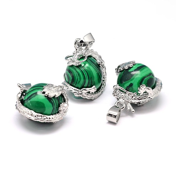 

PandaHall Dragon Platinum Plated Brass Natural Malachite Pendants, Cadmium Free & Lead Free, 26~27x22x17~18.5mm, Hole: 4x8.5mm Malachite...