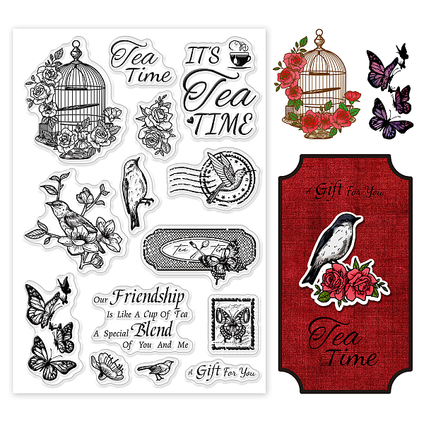 PandaHall Tea Time Clear Stamps Scrapbook Cup Butterfly Silicone Rubber Stamp Film Frame Transparent Seal Stamps Decorative Stamp for...