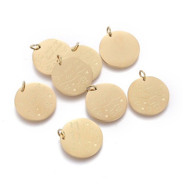 

PandaHall Ion Plating(IP) 304 Stainless Steel Pendants, with Jump Rings, Laser Cut, Flat Round with Word You Make My Heart Smile, Golden...