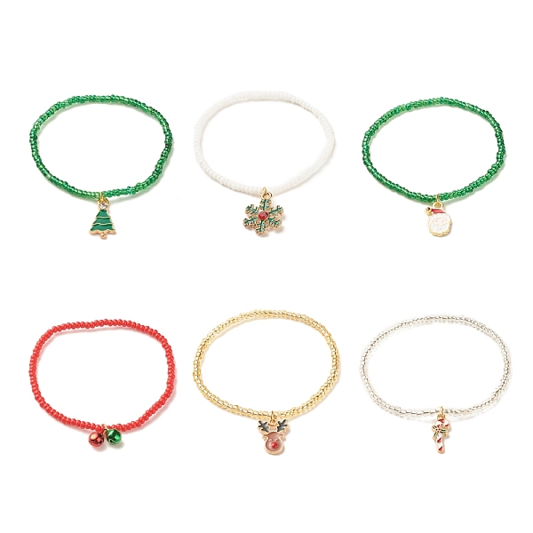 

PandaHall 6Pcs 6 Style Glass Seed Stretch Bracelets Set, Christmas Tree & Snowman & Bell & Reindeer Alloy Enamel Charm Bracelets for Women..., Multicolor