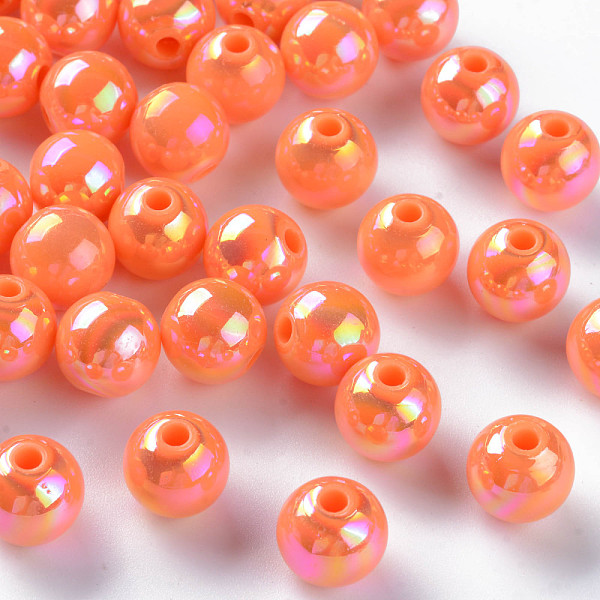 

PandaHall Opaque Acrylic Beads, AB Color Plated, Round, Coral, 10x9mm, Hole: 2mm, about 940pcs/500g Acrylic Round Red