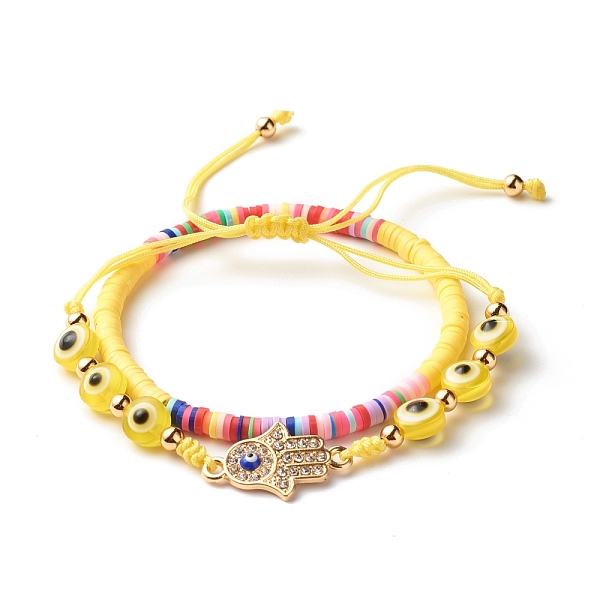 

PandaHall Handmade Polymer Clay Heishi Beads Stretch Bracelets Set, Hamsa Hand /Hand of Miriam Alloy Rhinestone Links Bracelets, Evil Eye..., Yellow