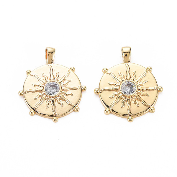 

PandaHall Brass Micro Pave Clear Cubic Zirconia Pendants, Nickel Free, Flat Round with Sun, Real 18K Gold Plated, 23.5x20x3.5mm, Hole: 2mm...