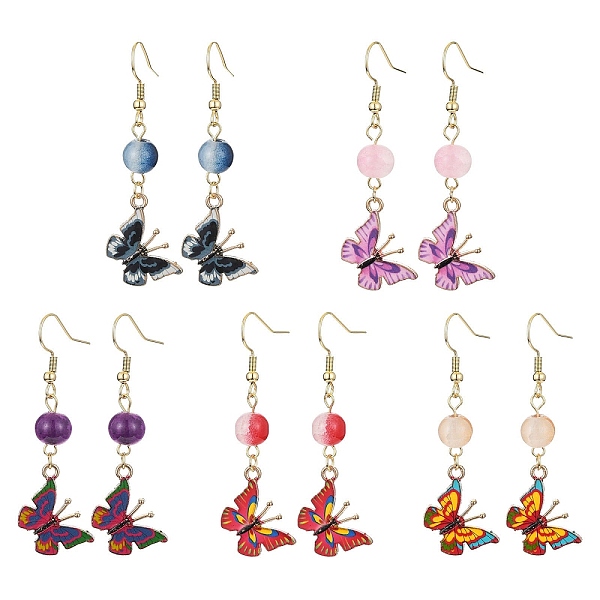 

PandaHall Alloy Enamel Butterfly Dangle Earrings, with Round Glass Beaded, Mixed Color, 54~54.5x17mm Alloy Butterfly Multicolor
