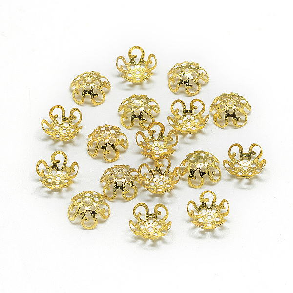 

PandaHall Plated Iron Bead Caps, Flower, 5-Petal, Filigree, Golden, 8~9x3mm, Hole: 1mm Iron