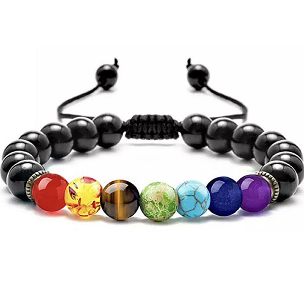 Adjustable Handstring Chakra Round Natural Obsidian Yoga Braided Bead Bracelets for Women Men