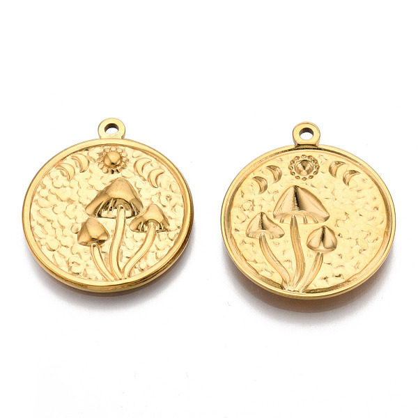 

PandaHall 201 Stainless Steel Pendants, Flat Round with Mushroom Charm, Real 18K Gold Plated, 29x25x3mm, Hole: 1.8mm 201 Stainless Steel...