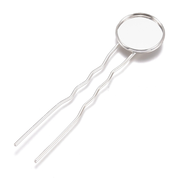 

PandaHall Iron Hair Fork Findings, with Flat Round Brass Cabochon Settings, Silver Color Plated, Tray: 18mm, 82.5x20x3mm Iron