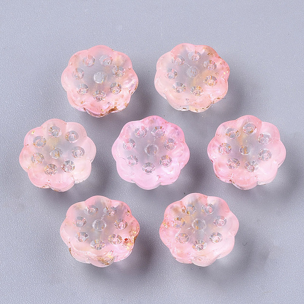 

PandaHall Two Tone Transparent Spray Painted Glass Beads, with Golden Foil, Seedpod of the Lotus, Pink, 11x6mm, Hole: 1.4mm Glass Flower...