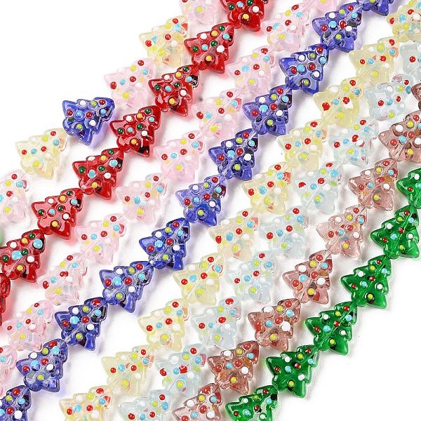 PandaHall Handmade Bumpy Glass Beads Strands, Dyed & Heated, Dyed & Heated, with Enamel, Christmas Trees, Mixed Color...