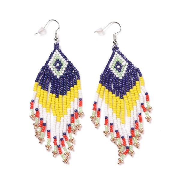 

PandaHall Glass Seed Braided Rhombus with Tassel Chandelier Earrings, Bohemian Brass Wire Wrap Drop Earrings for Women, Dark Blue, 90mm, Pin..., Multicolor
