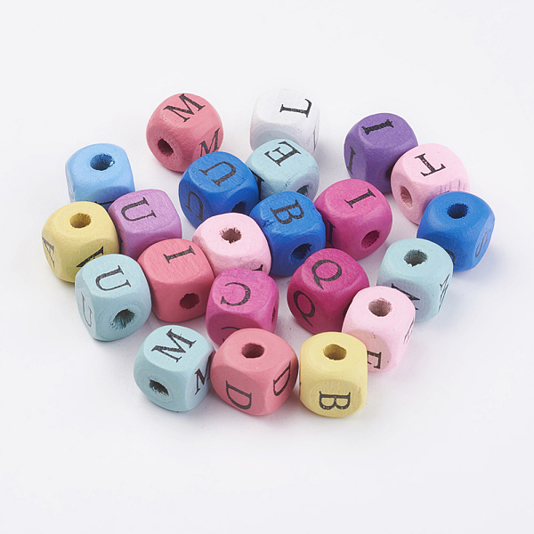 

PandaHall Natural Wood Printed Beads, Horizontal Hole, Dyed, Cube with Initial Letter, Mixed Color, 10x10x10mm, Hole: 3~4mm, about..., Multicolor