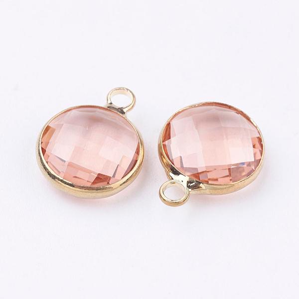 

PandaHall Golden Tone Brass Glass Flat Round Charms, Faceted, PeachPuff, 12x8.5x3mm, Hole: 1.5mm Brass+Glass Flat Round Brown