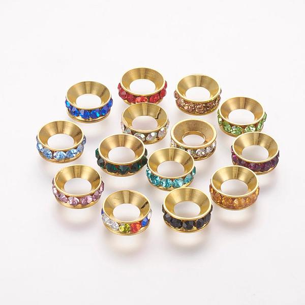 

PandaHall Brass Spacer Beads with Grade A Rhinestone, Flat Round, Mixed Color, Mixed Color, 9x4mm, Hole: 4mm Brass+Rhinestone Flat Round..., Multicolor