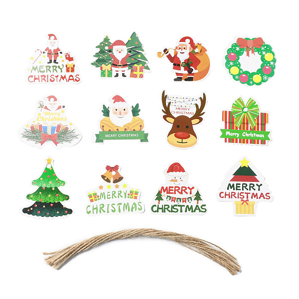 

PandaHall Christmas Theme Paper Big Pendant Decorations, Hemp Rope Hanging Ornament, Mixed Shapes, Pendant: 49~62x47~61x0.3mm, 12pcs/set..., Multicolor