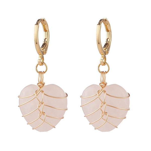 

PandaHall Heart Natural Rose Quartz Wire Wrapped Dangle Hoop Earrings, Brass Jewelry for Women, Golden, 35mm, Pin: 0.9mm Rose Quartz Heart