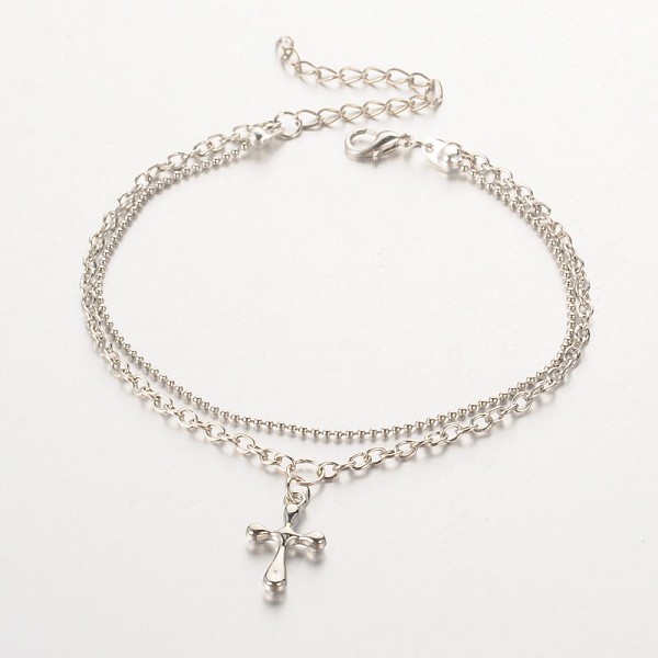

PandaHall Cross CCB Plastic Charm Multi-strand Anklets, with Iron Chains and Zinc Alloy Lobster Claw Clasps, Platinum, 230mm Plastic