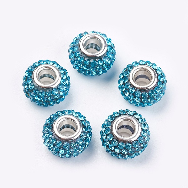 

PandaHall Grade A Rhinestone European Beads, Large Hole Beads, Resin, with Silver Color Plated Brass Core, Rondelle, Aquamarine, 15x10mm..., Cyan