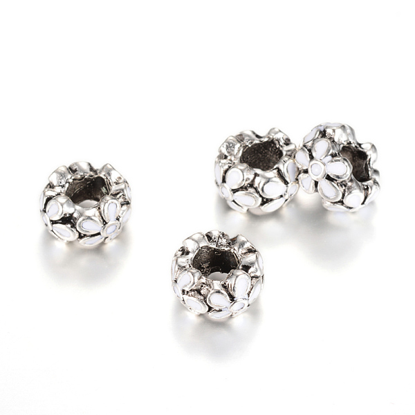 

PandaHall Antique Silver Plated Alloy Enamel Style Flower Large Hole European Beads, White, 12x6.5mm, Hole: 5mm Alloy+Enamel Flower White