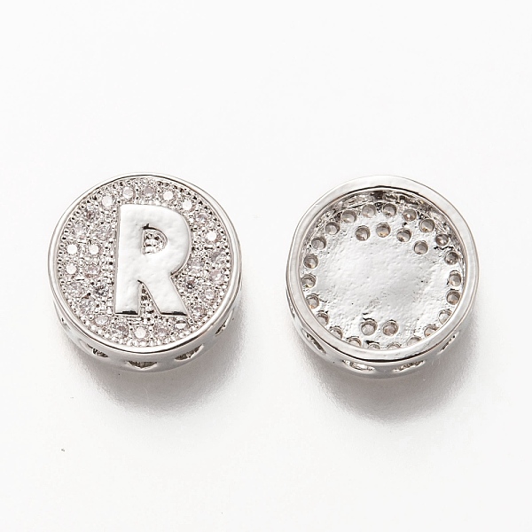 

PandaHall Platinum Plated Brass Micro Pave Cubic Zirconia Multi-Strand Links, Flat Round with Letter, Letter.R, 12x4.5mm, Hole: 2mm..., Clear