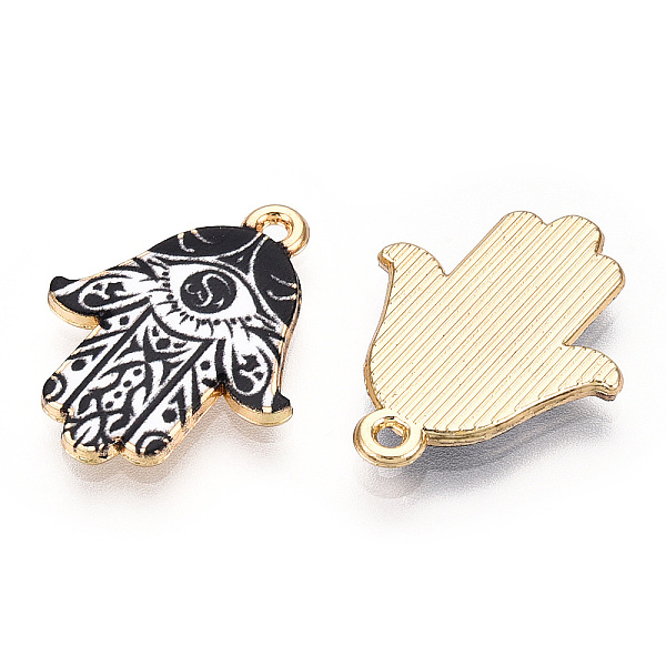 

PandaHall Printed Light Gold Tone Alloy Pendants, Hamsa Hand with Eye Charms, Black, 23x18x2mm, Hole: 1.4mm Alloy Hamsa Hand Black