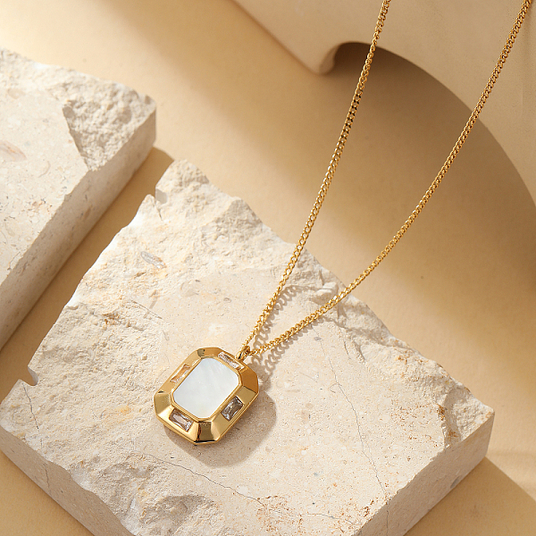 

PandaHall Stainless Steel Curb Necklaces, Geometric White Shell Pendant Necklaces Other Rectangle