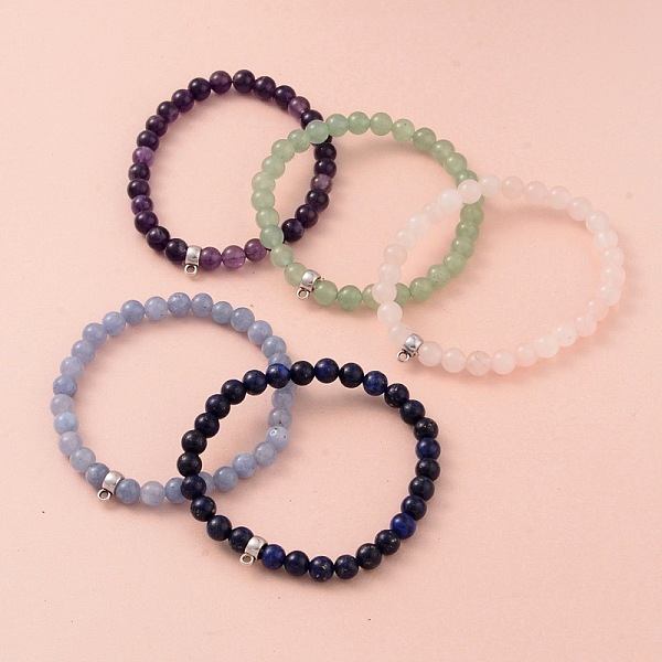 

PandaHall Round Natural Gemstone Beaded Stretch Bracelets, with Antique Silver Plated Alloy Tube Bails, 57mm Mixed Stone