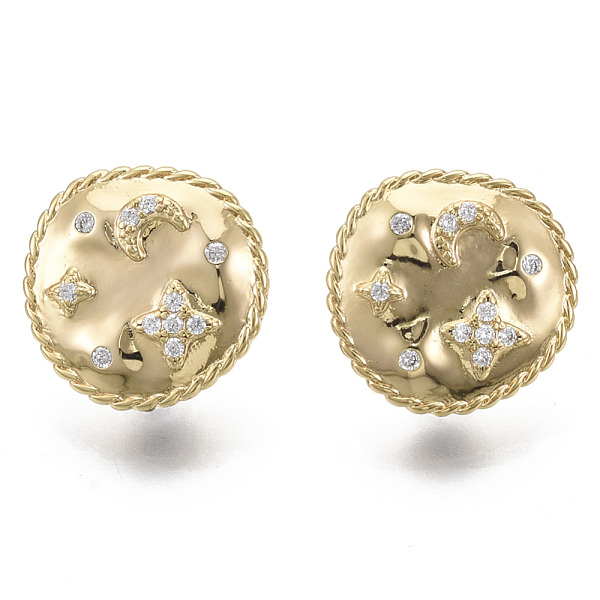 

PandaHall Brass Stud Earring Findings, with Clear Cubic Zirconia and Loop, Nickel Free, Flat Round with Moon & Star, Real 18K Gold Plated...