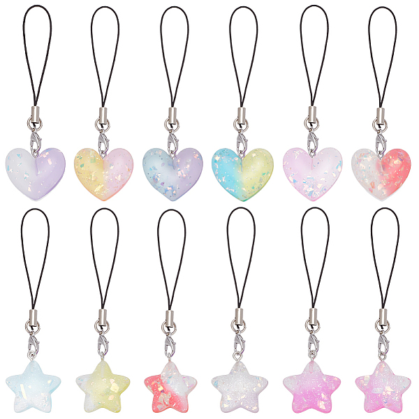 PandaHall Gradient Color Translucent Resin Heart & Star Mobile Strap, with Nylon Cord, Mixed Color, 9.6~9.8cm Resin Multicolor