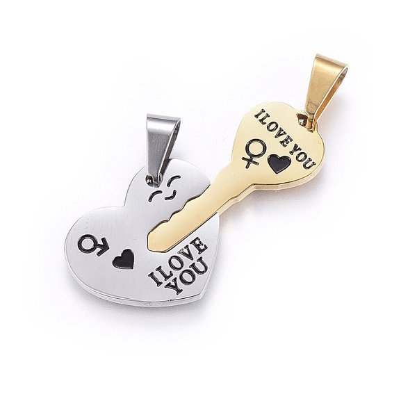 

PandaHall 304 Stainless Steel Split Pendants, with Enamel, Heart with Key, with Word, Golden & Stainless Steel Color, 20x41.5x2mm, Hole..., Black