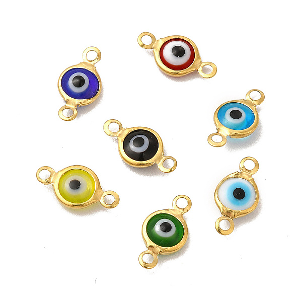

PandaHall Ion Plating(IP) 304 Stainless Steel Connector Charms, Flat Round Links with Evil Eye Pattern, with Glass Enamel, Real 18K Gold..., Multicolor