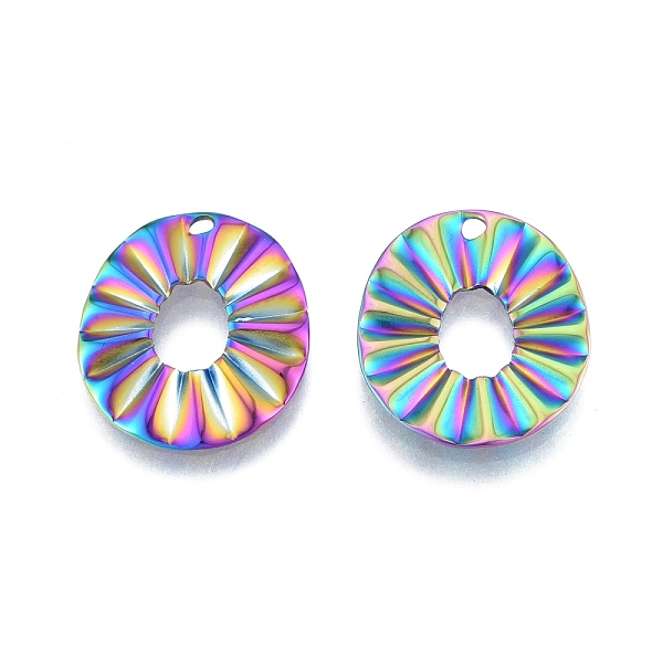 

PandaHall Ion Plating(IP) 201 Stainless Steel Pendant, Textured Charms, Hollow Oval with Flower, Rainbow Color, 21.5x18x1mm, Hole: 1.6mm 201...