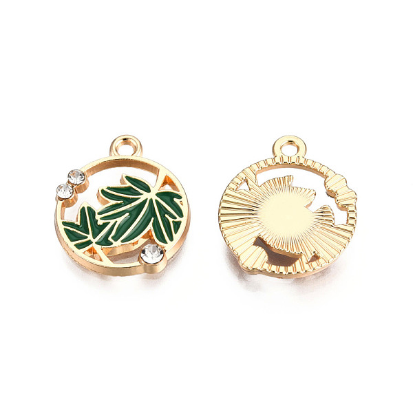 

PandaHall Autumn Theme Alloy Enamel Pendants, with Rhinestones, Light Gold, Flat Round with Maple Leaf, Sea Green, 18x15.5x2.5mm, Hole...