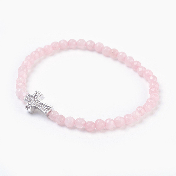 

PandaHall Natural Rose Quartz Beads Stretch Bracelets, with Brass Micro Pave Cubic Zirconia Beads, Platinum, 2-1/8 inch(5.3cm)~2-1/8 inch..., Clear